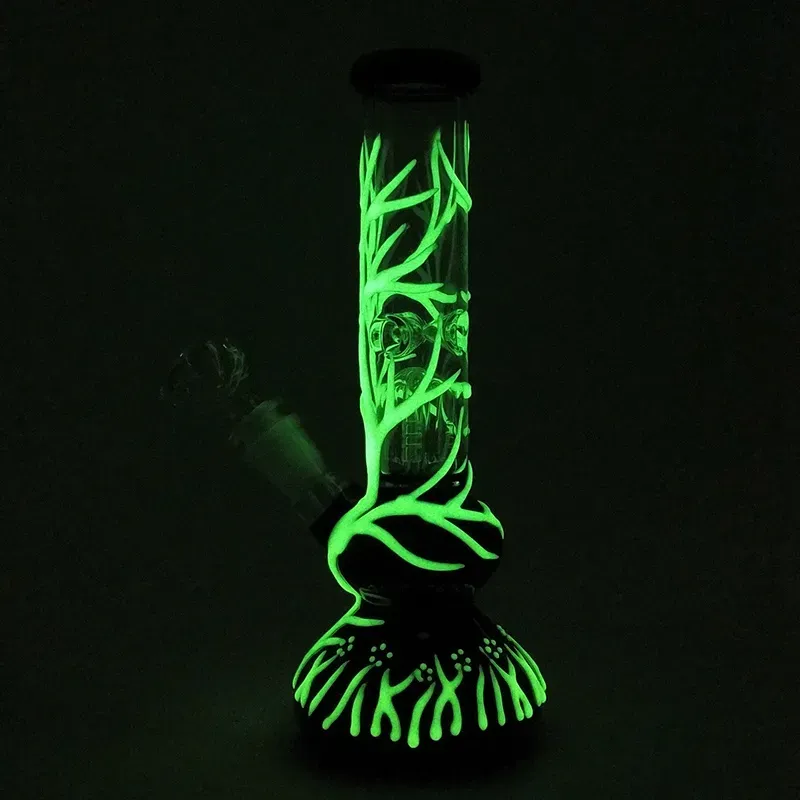 Glow In The Dark Glass Bongs Oil Rigs Hookahs Water Pipes Straight 18.8 Female Joint 4 Arms Tree Perc With Diffused Downstem