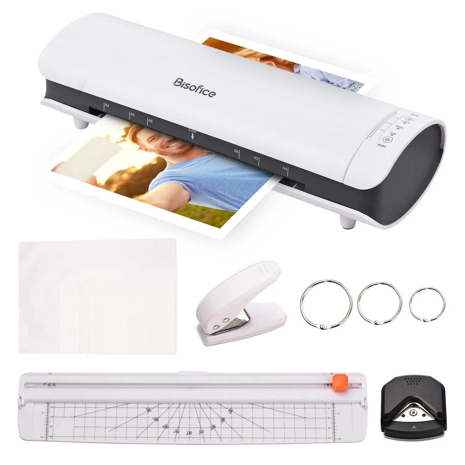 Laminating Machines SL988 Desktop Laminator Machine Set A4 Size and Cold Lamination with Paper Cutter Trimmer Rounder Hole Puncher Binding Hoop 231130