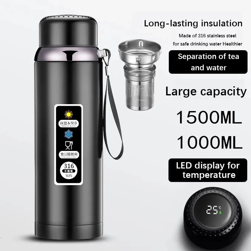 Thermos 6001500ml Thermos in acciaio inossidabile 316 Display a LED della temperatura Boccetta isolata sotto vuoto di grande capacità Bottiglia per acqua termica per tè 231130