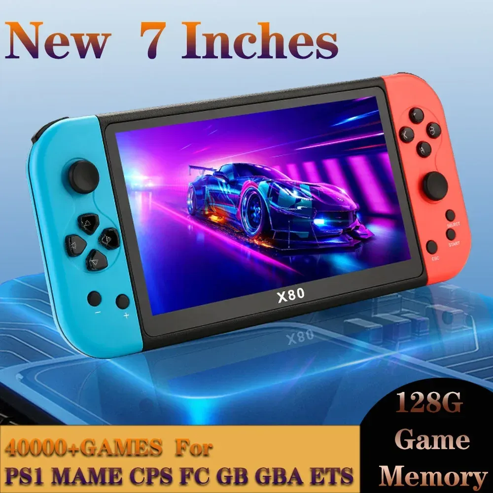 Newest X80 7-inch HD Large Screen Arcade Quad Core 16GB Handheld Game Console Built-in 40000+Retro Games PS/MAME HD TV Out