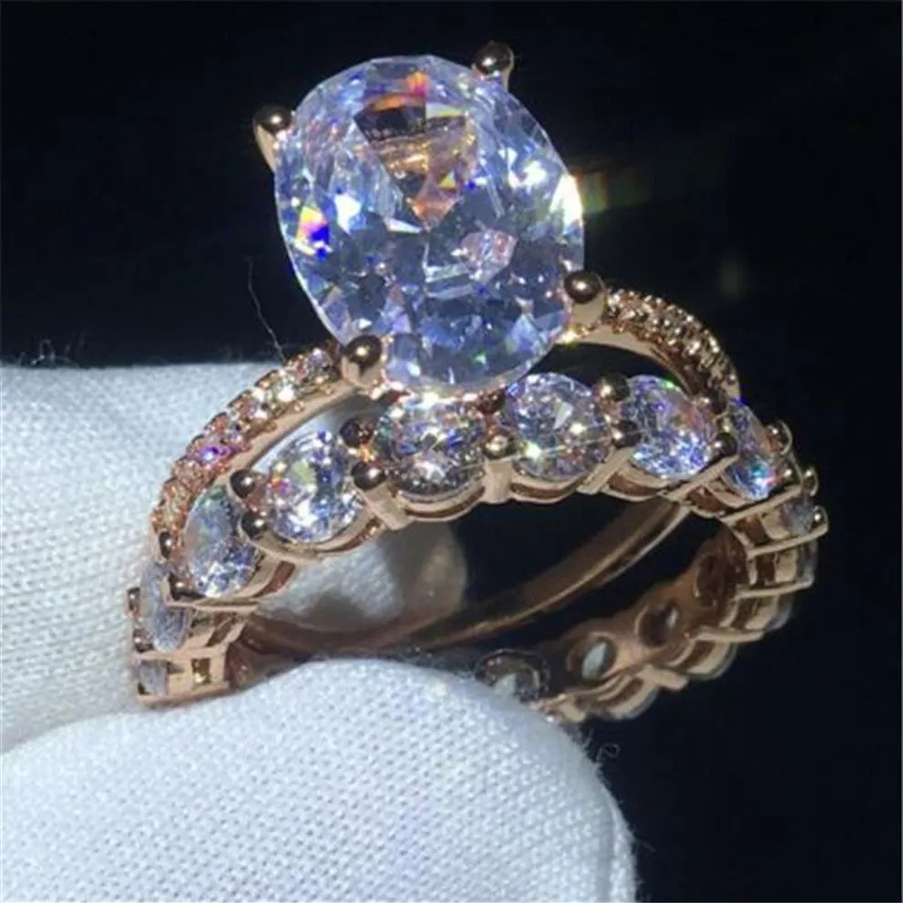Set di anelli per dito Vecalon Party Fedi nuziali per feste con diamanti a taglio ovale in argento 925 riempito in oro rosa per le donne Gioielli di moda2465