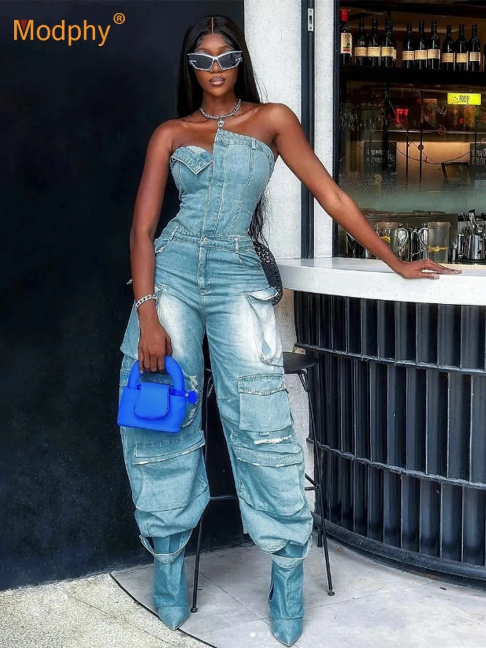【PORTERNA】Jenner denim jumpsuit Modphy 2023 Strapless Strapless Denim Jumpsuit With Multi