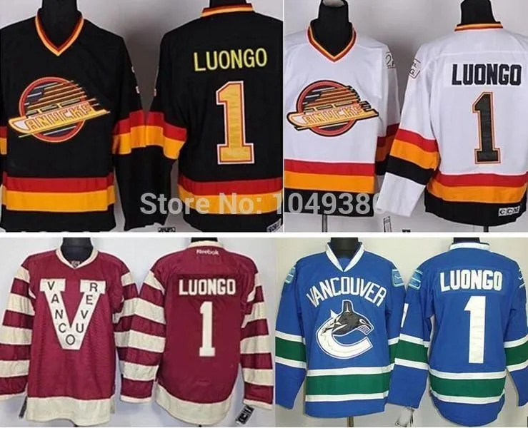 저렴한 밴쿠버 Canucks Hockey Jerseys #1 Roberto Luongo Jersey Claret Red 100 번째 기념일 블랙 화이트 블루 스티치 유니폼