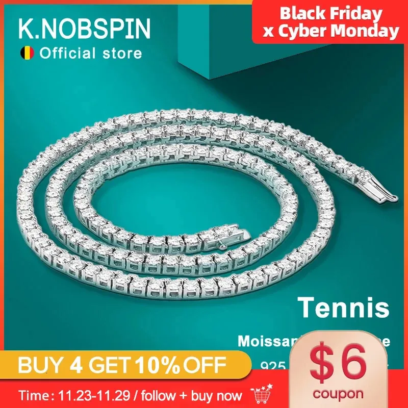 Gargantillas KNOBSPIN 925 Collar de tenis de plata esterlina para mujeres Diamantes reales de 4 mm con certificado GRA Cadena de cuello Joyería fina 231130