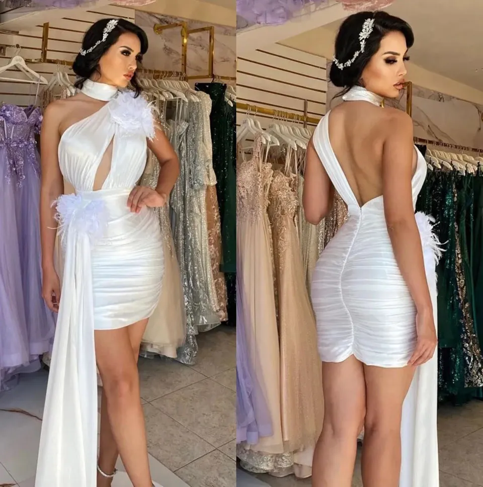 Prom Dresses White Evening Gown Party Formal Sleeveless Zipper Lace Up New Custom Plus Size High Neck Straight Satin Pleat