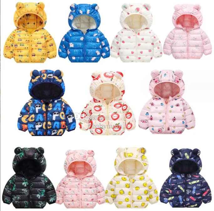 Baby pojkar grils tecknad varm ner jacka kläder mode vinter barn huva parkor söt lätt småbarn ner vadderad kappa för 1-3 år gamla