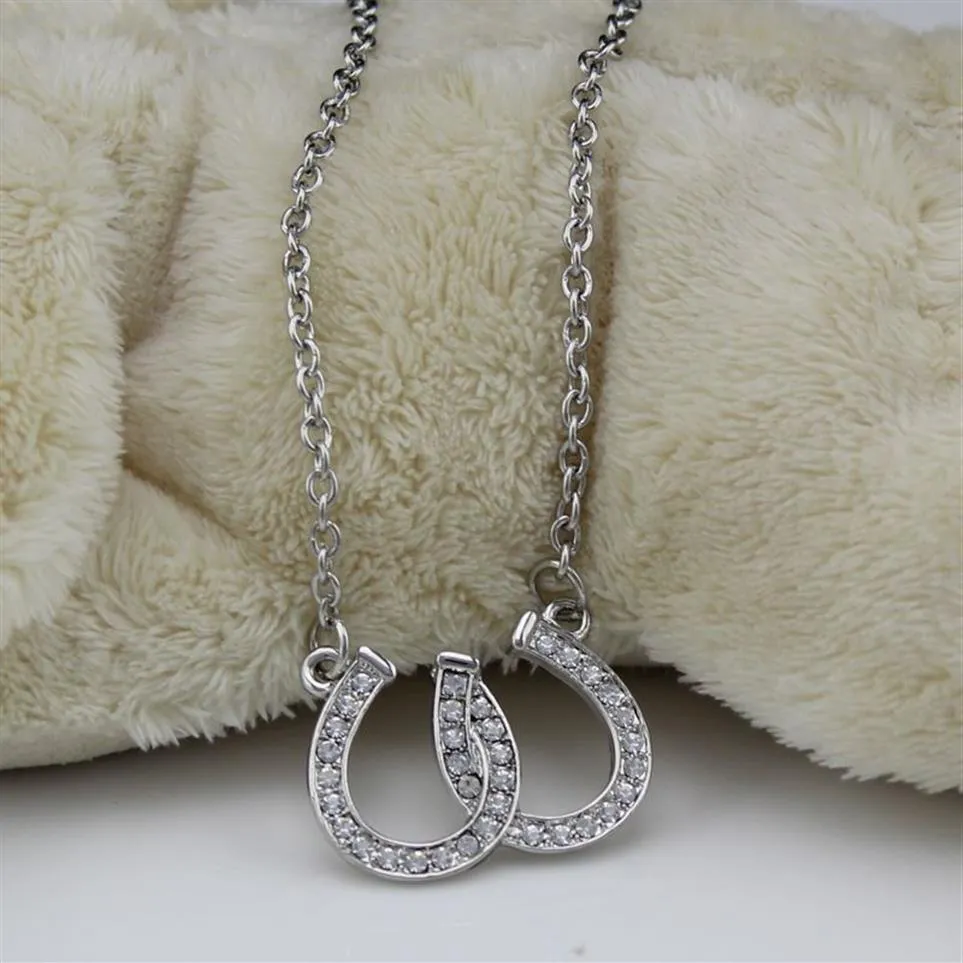 Joias de chumbo e níquel com pingente de sapato de cavalo duplo, joias de ferradura equestre decoradas com cristal tcheco branco268y
