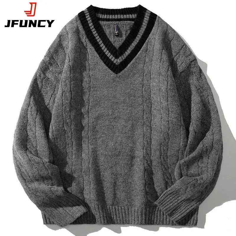 Herrtröjor Jfuncy Mens Winter Sticked Sweaters Overdimensionerade Male Black Pullover V Neck Jumpers Men Vintage Striped Knitwear Men Clothing 231130