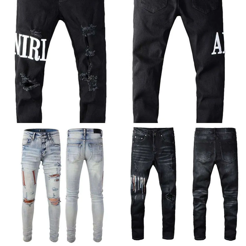 Articolo di moda. Miri Jeans da uomo di alta qualità alla moda Stile cool Designer Denim Pantalone da motociclista strappato invecchiato Nero Blu Jean Slim