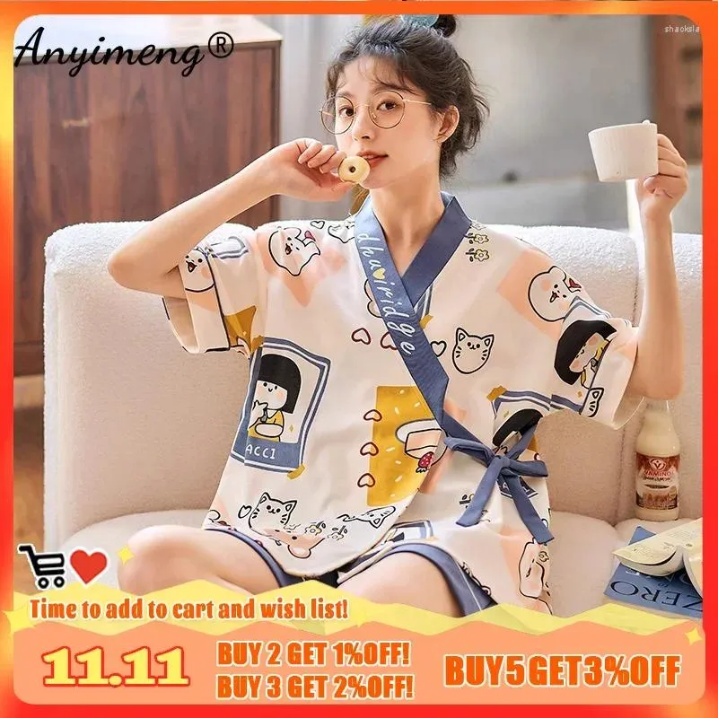Women's Sleepwear Summer Fashion Soft Cotton Pajamas Kawaii Animal Printing Shorts Kimono Loose Nightwear For Young Girls