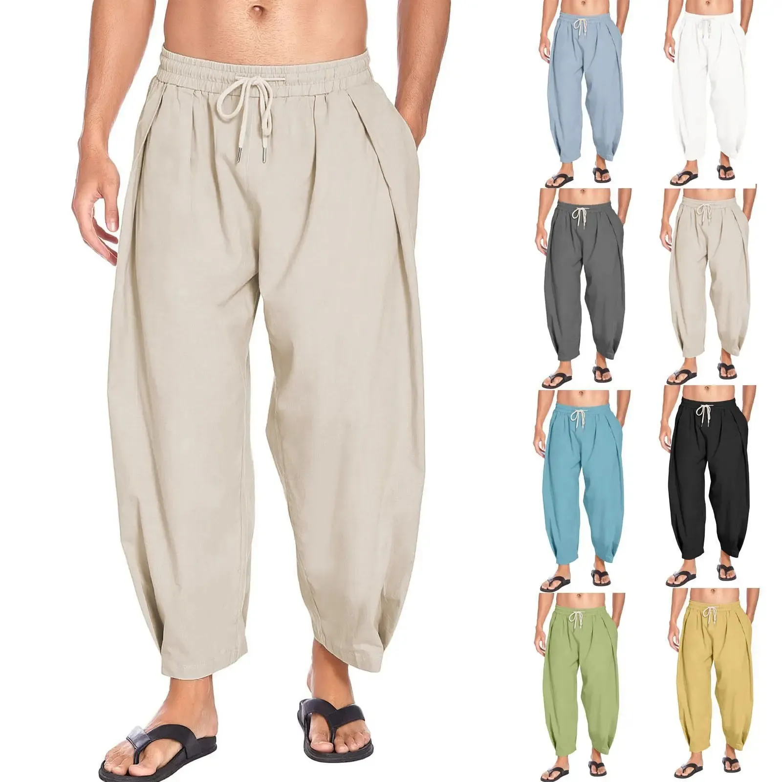 Herenbroeken Heren katoenen hennep Harlanbroek Trekkoord Casual Capri Lichtgewicht Los Strand Yoga Broek Riem Zakbroek 231130