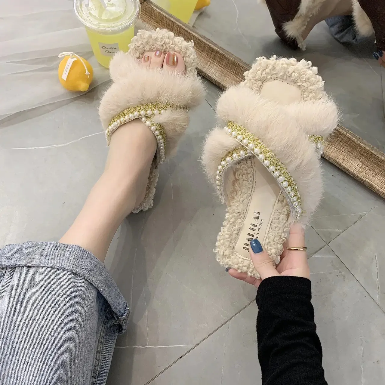 Slippers Lisapie Winter Warm Real Fur Slippers Women Shoes Woman Beaded Sequins Bling Plush Women's Furry Natural Rabbit Hair Shoes 231130