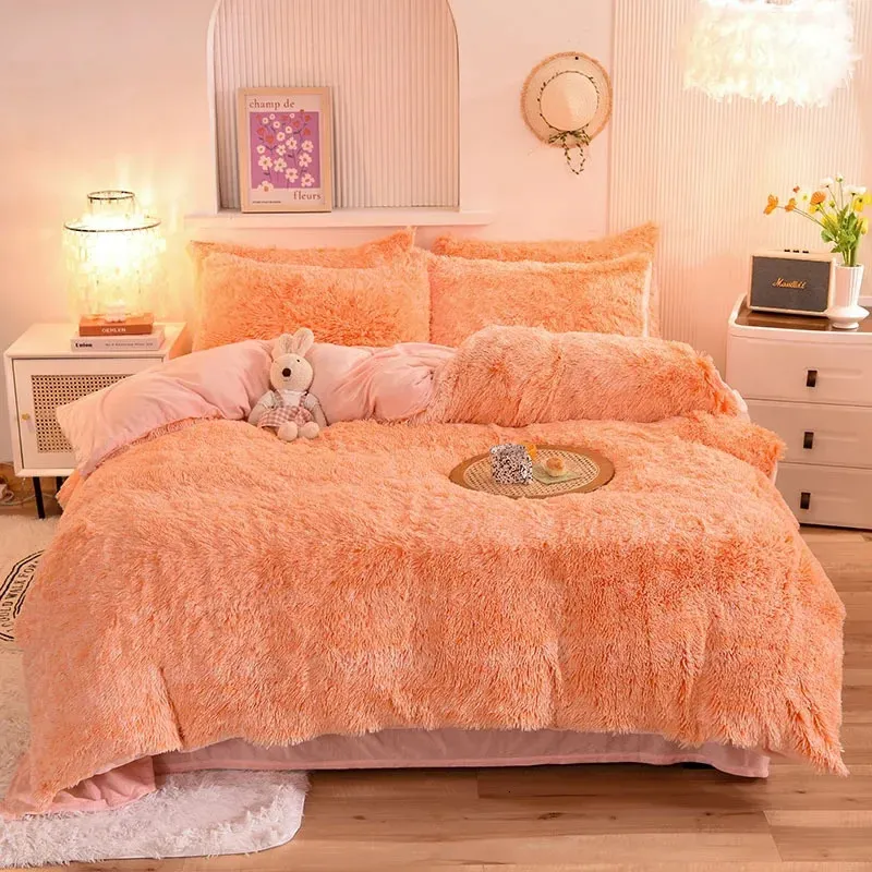 Conjuntos de cama Super Shaggy Coral Fleece Quente Cozy Princesa Bedding Set Mink Velvet Quilt / Duvet Cover Set Cama Consolador Cobertor Fronhas 231130