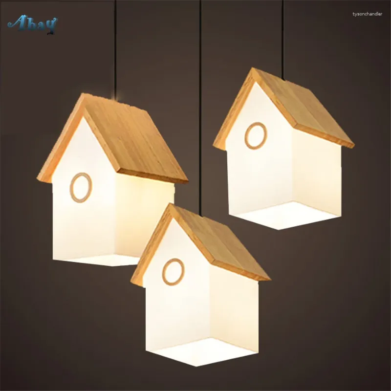 Pendant Lamps Nordic Creative Glass Small House Shape Lights For Living Room Children Bedroom Home Decor Wooden Hanging Lamp Led E14