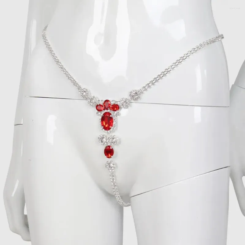 Enkelbanden Sexy Body Chain Lingerie Rode Kristallen String Slipje Sieraden Voor Vrouwen Strass Buik Taille Gift Zilver Kleur