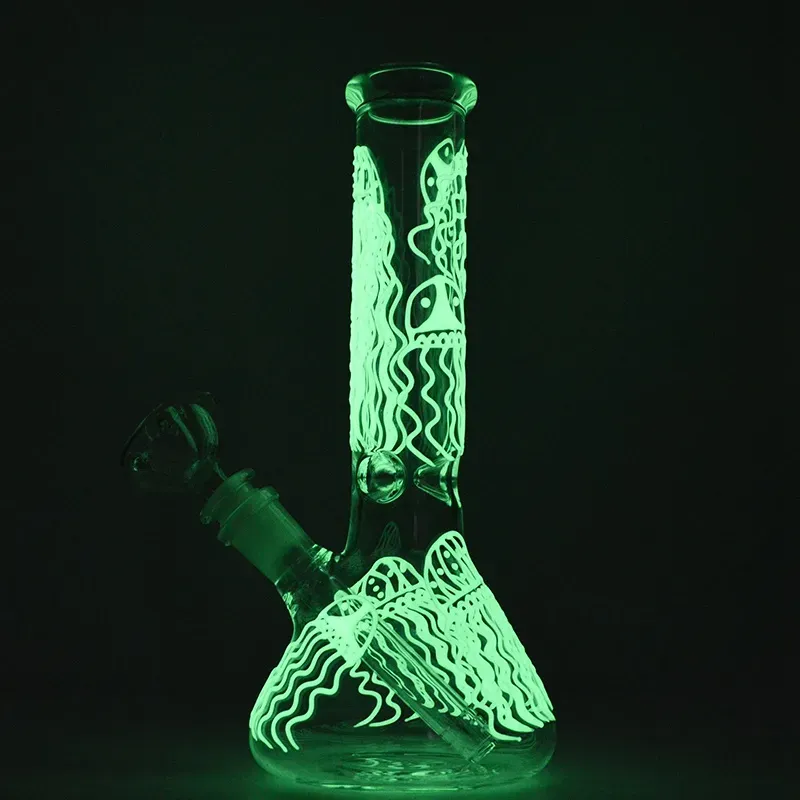 Grow In The Dark Hookahs Beaker Bong Straight Tube Jellyfish Dab Rigs Glass Water Pipes 18.8mm Joint Fluorescent GID04