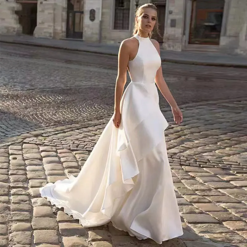 Elegant A Line Halter Wedding Dress: Backless Ruffled Satin Bridal Gown ...