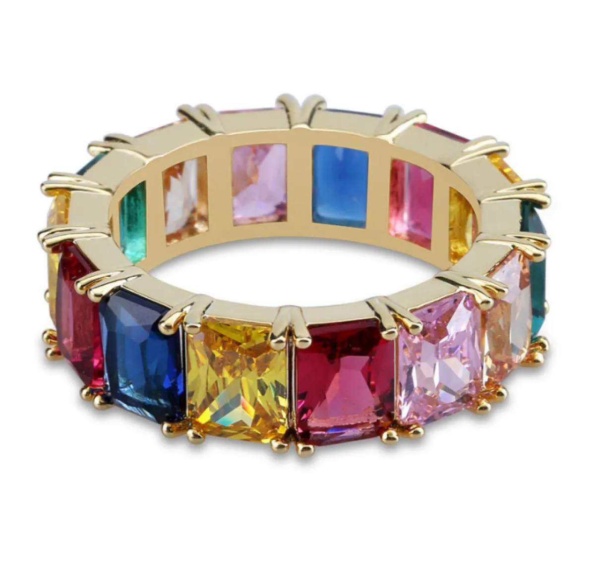 Kolorowe kwadratowe pierścienie cyrkonu mężczyźni kobiety Hip Hop miedziany szeroki pierścień z bocznym kamieniem geometrycznym błyszczącego złota Akcesoria biżuterii 6478521