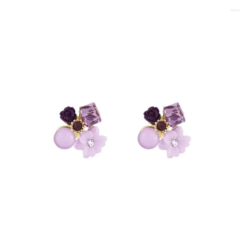 Stud Earrings Korean Purple Flower Crystal Square Earring For Woman Girl Fashion Wedding Party Jewelry Accessories Gift 2023