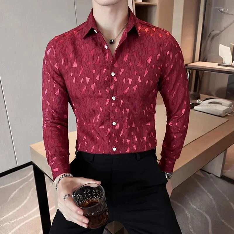 Camicie casual da uomo Camicia stampata geometrica stile britannico Manica lunga Abito formale da lavoro Sociale Streetwear Abbigliamento uomo 2023