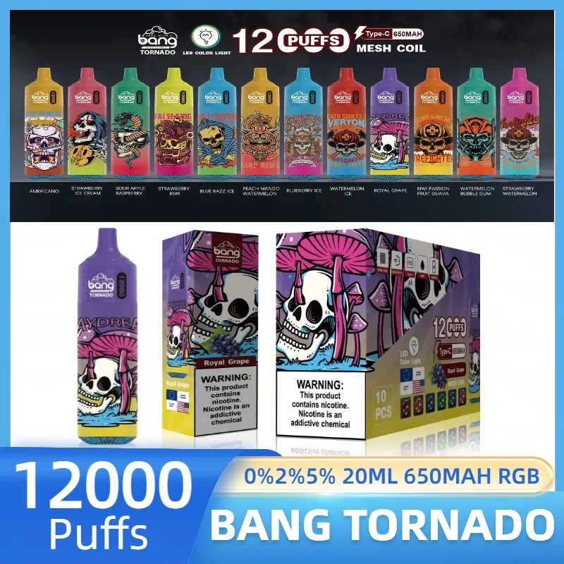 BANG TORNADO 12000 puff Vape desechable Tipo-c Batería recargable 20 ml de capacidad Vape Pen puff 12k Vape 0% 2% 5% Pod 12 sabores vs randm tornado 12000 15000