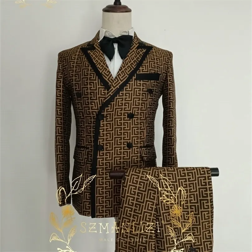 Mäns kostymer Blazers Luxury Fashion Brown Plaom Groom Tuxedos Double Breasted Men Suits For Wedding Male Party Dress Costume Homme Jacket Pants 231127