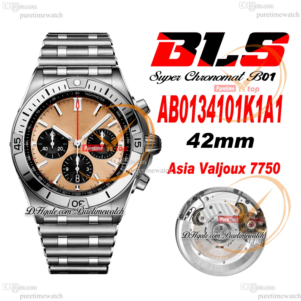 BLS Chronomat B01 ETA A7750 Automatic Chronograph Mens Watch 42 Pink Dial Stainless Steel Rouleaux Bracele AB0134101K1A1 Super Edition Reloj Hombre Puretime B2