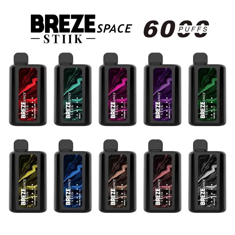 원래 Breze Stiik Space 6000 퍼프 2% 5% 일회용 포드 장치 E 담배 vape 키트 1500mAh 배터리 사전 13ml 10 맛 EURO USA No Tax