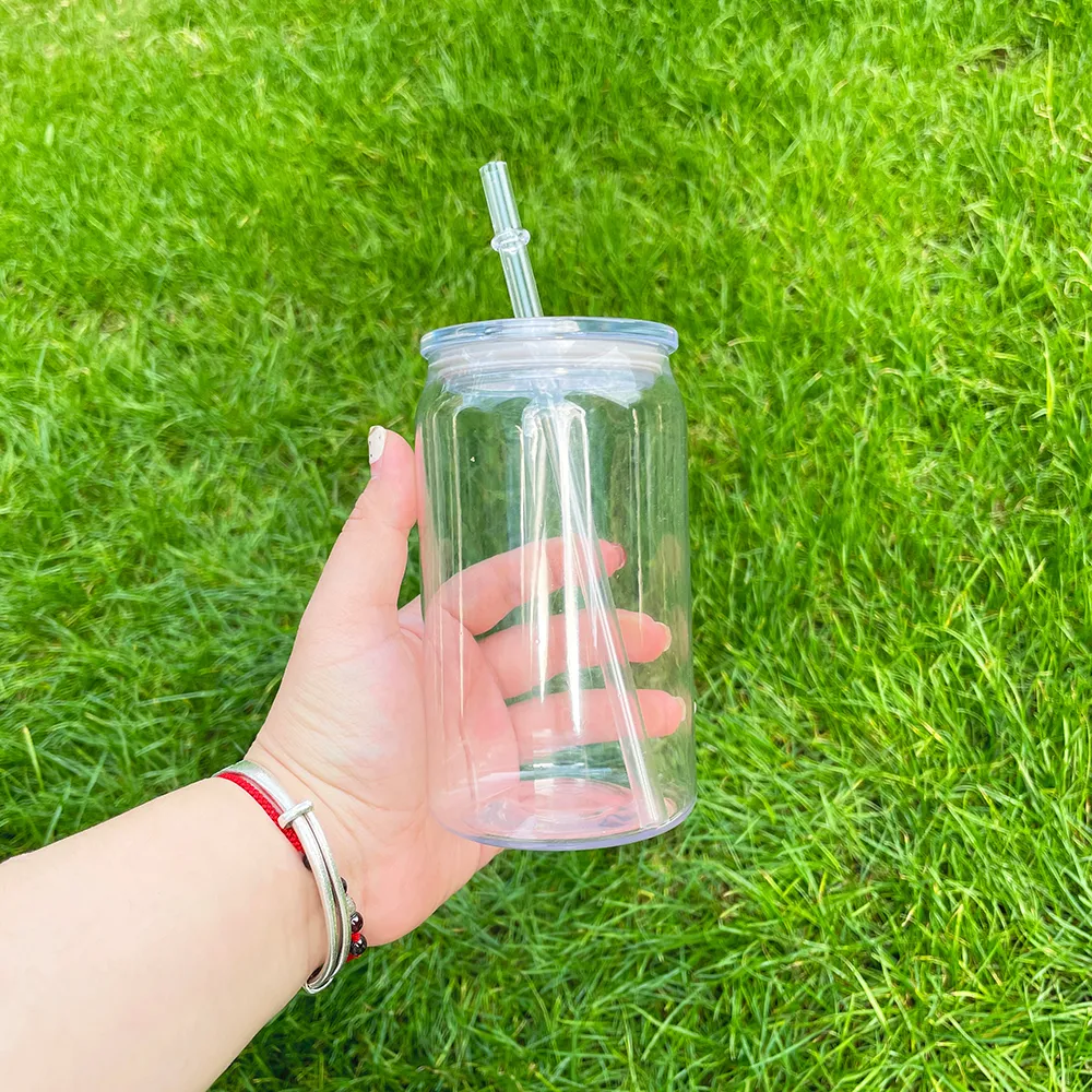 Gobelets recyclables Tasse à café en plastique transparent acrylique PP 16 oz canette de soda en verre de bière avec couvercle en pp et paille pour transfert UV DTF prêt à être expédié