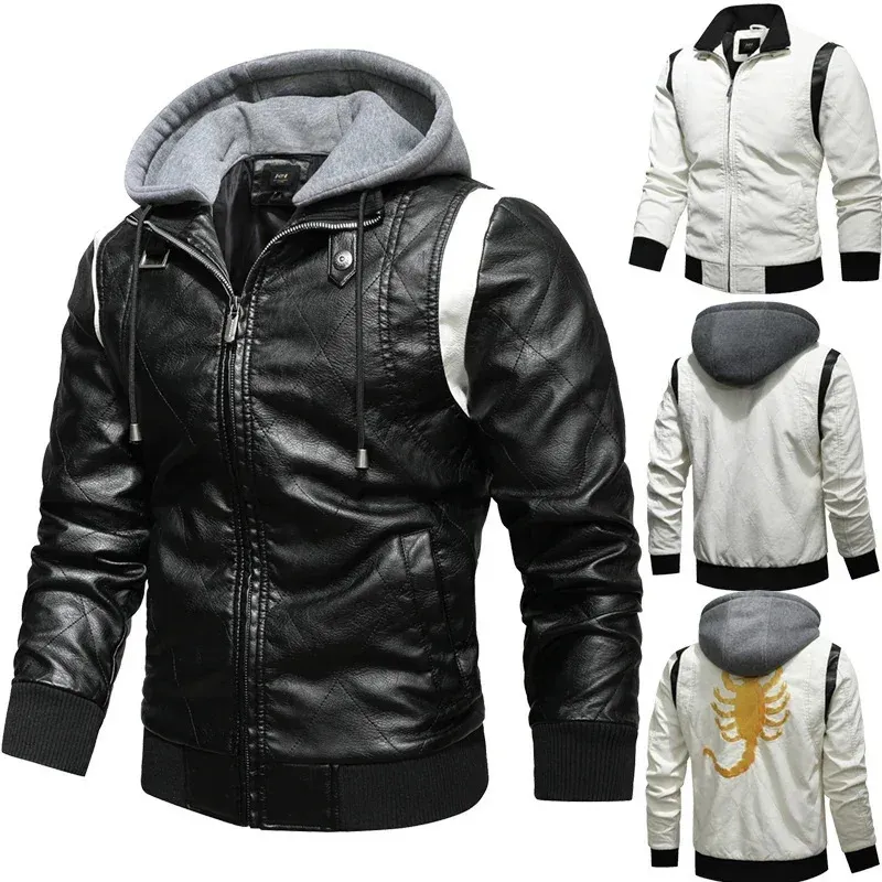 Mens Leather Faux Autumn Winter Bomber Jacket Men Scorpion broderi huva PU Motorcykel Ryan Gosling Drive 231201