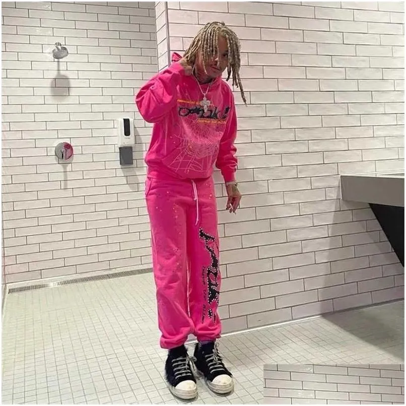 Felpe con cappuccio da uomo Felpe Spider Pink Sp5Der Young Streetwear Thug 555555 Angel Hoody Uomo Donna 11 Web Plover Fast Way Drop Delivery Ap Dhd4K