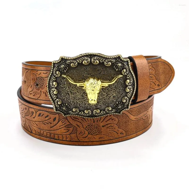 Ceintures Western Cowboy PU cuir Vintage femmes ceinture en alliage de zinc tête de vache en relief hommes taille sangle taureau floral gravé pour jeans