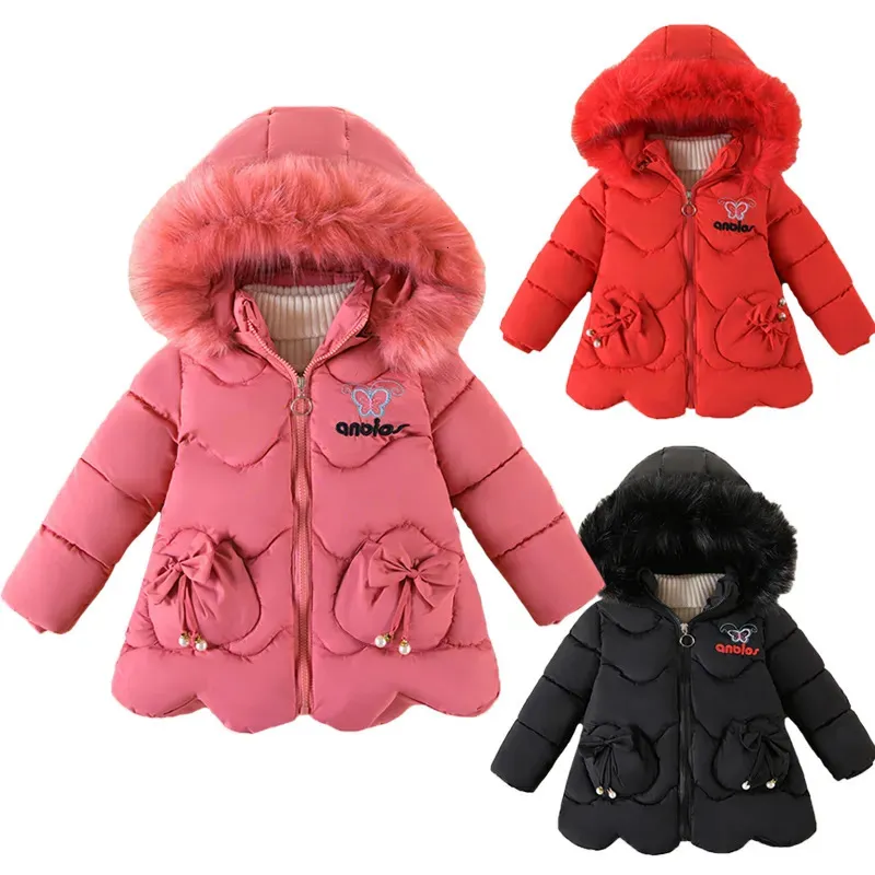 Manteau en duvet 26 ans, veste d'hiver pour filles, dessin animé papillon épais, garde au chaud, chapeau détachable, manteau à capuche pour enfants, cadeau d'anniversaire, vêtements d'extérieur 231201