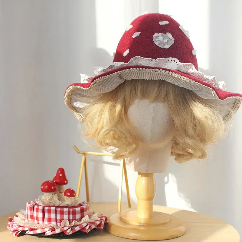 ワイドブリムハットバケツ帽子オリジナルデザインワインレッドロリータハットマッシュルーム帽子小さなマッシュルームハット231130