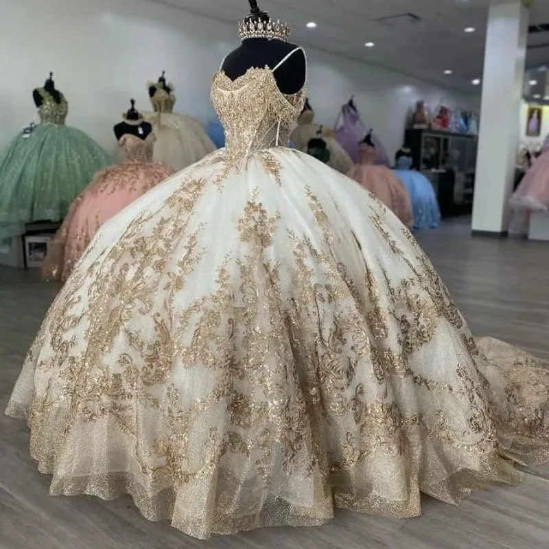 2024 Champagne Applique Lace Quinceanera Dresses Sequins Beading