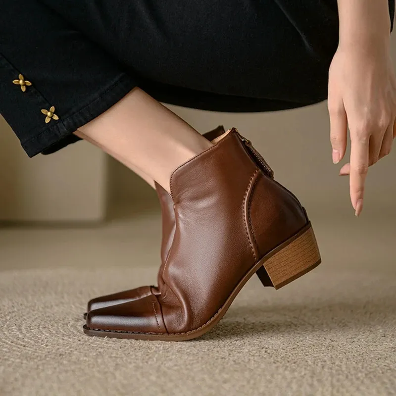 Botas outono mulheres apontou toe salto robusto sapatos de couro genuíno para tornozelo preto moderno 231201