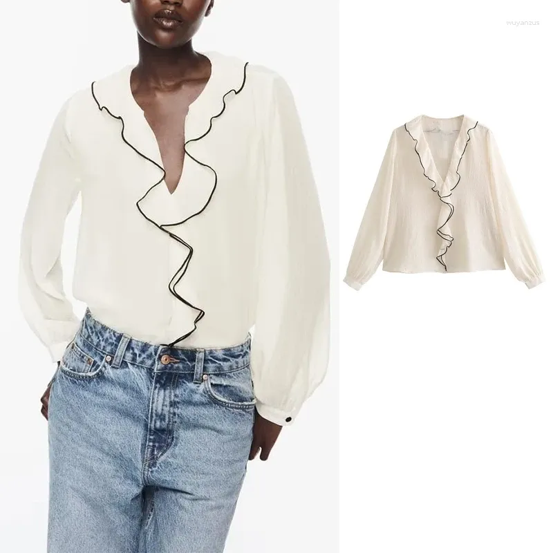 Blouses Femmes 2023 Chemise Femmes Été Mousseline de Soie Femme Élégante Manches Longues Blouse Décontractée RuffleShirt