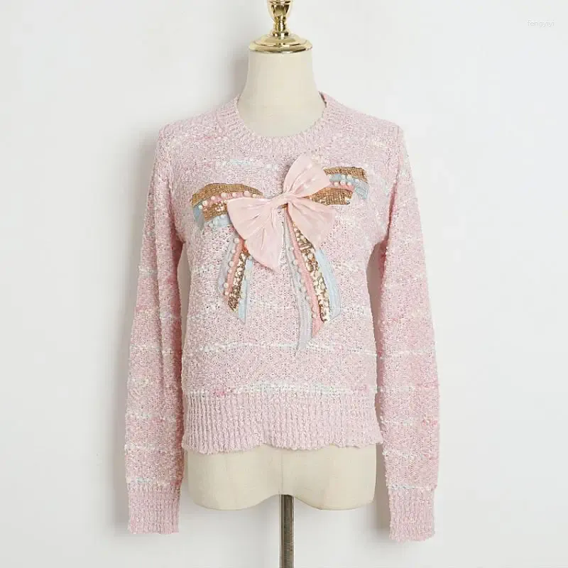 女性用セーター秋の甘いニットピンクのセータープルオーバーハンドメイドビーズスパンコールミックスとマッチング韓国の長袖Oネック