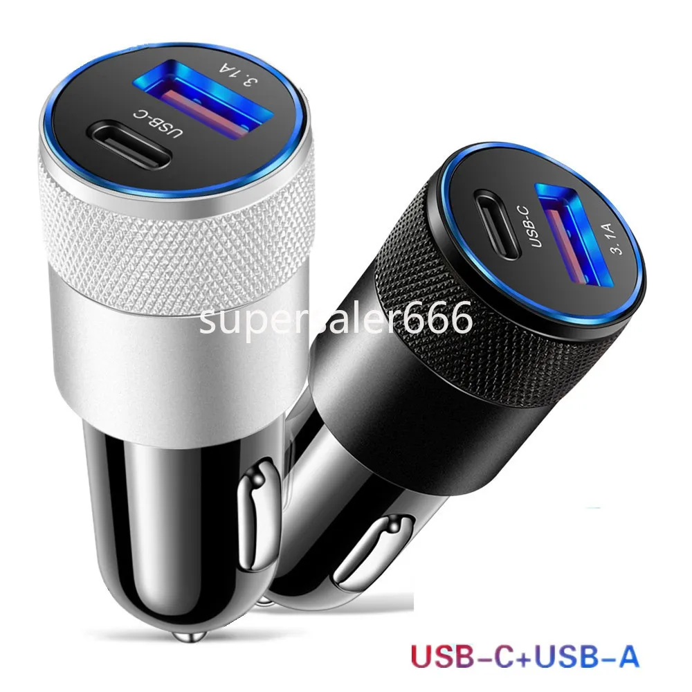 3.1A 15W PD Car Charger Aluminum Alloy Cigarette Lighter Adapter Fast Charger USB-C Type c Car Auto Replacement Charger for iphone 12 13 14 15 Samsung S22 Htc Lg S1