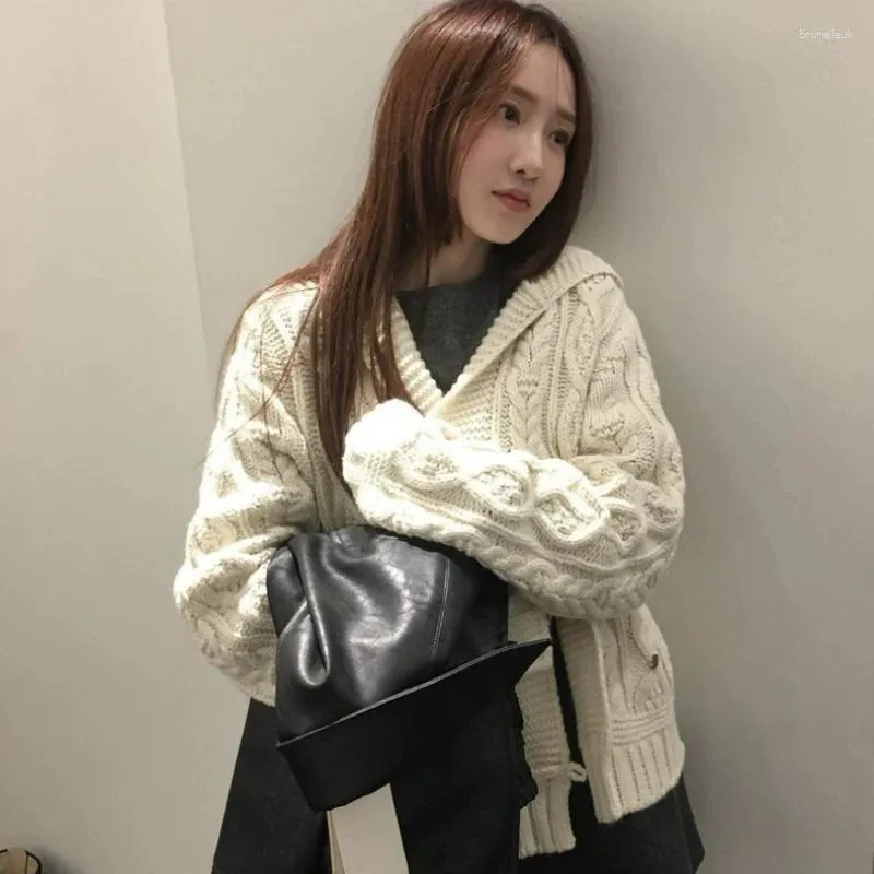 Women's Knits Women Autumn And Winter Knitted Hooded Pattern Wood Button Cardigan Top