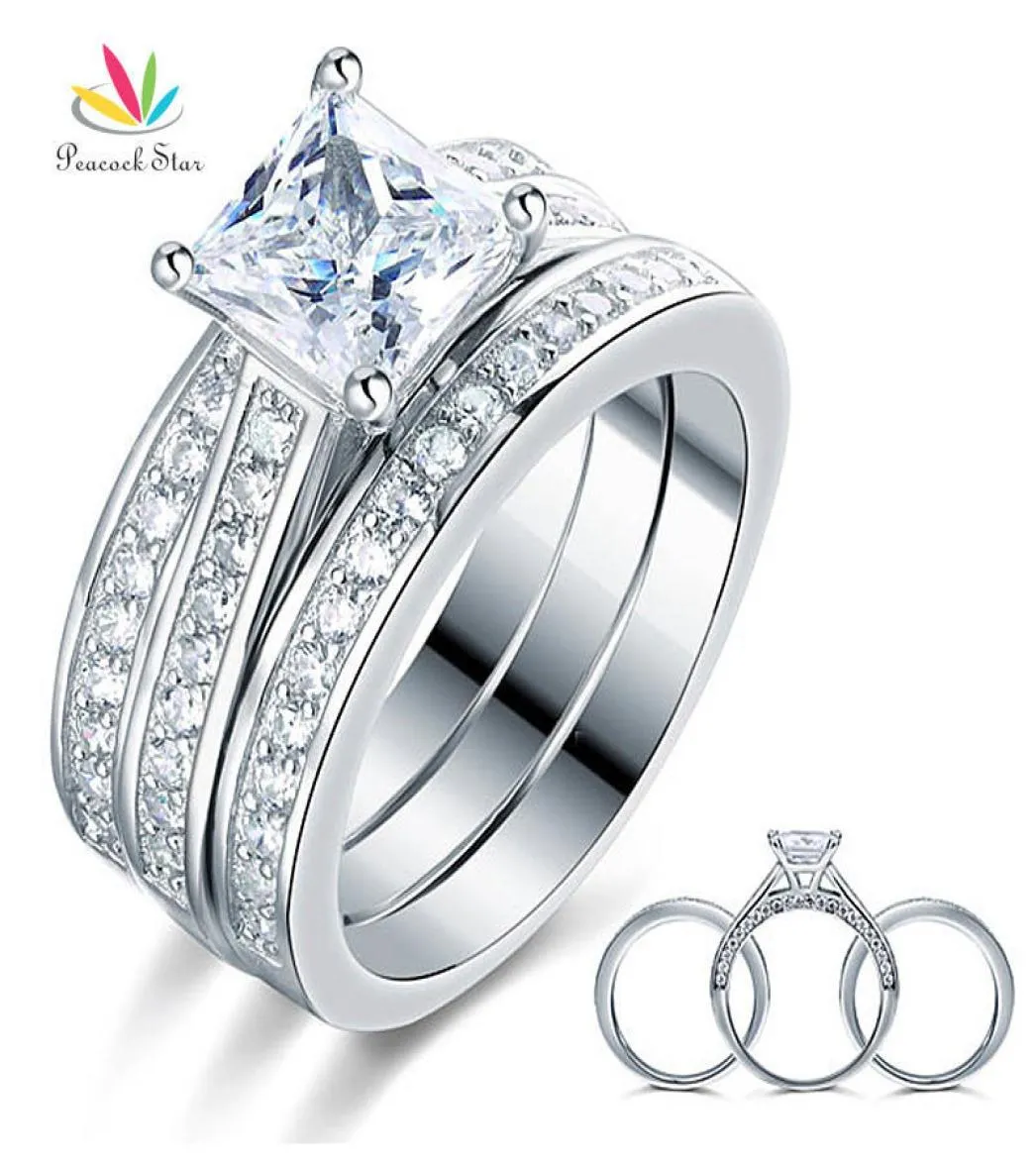 Paon étoile 15 Ct princesse coupe solide 925 en argent Sterling 3 pièces bague de fiançailles ensemble de bijoux Cfr8197 J1907167892321