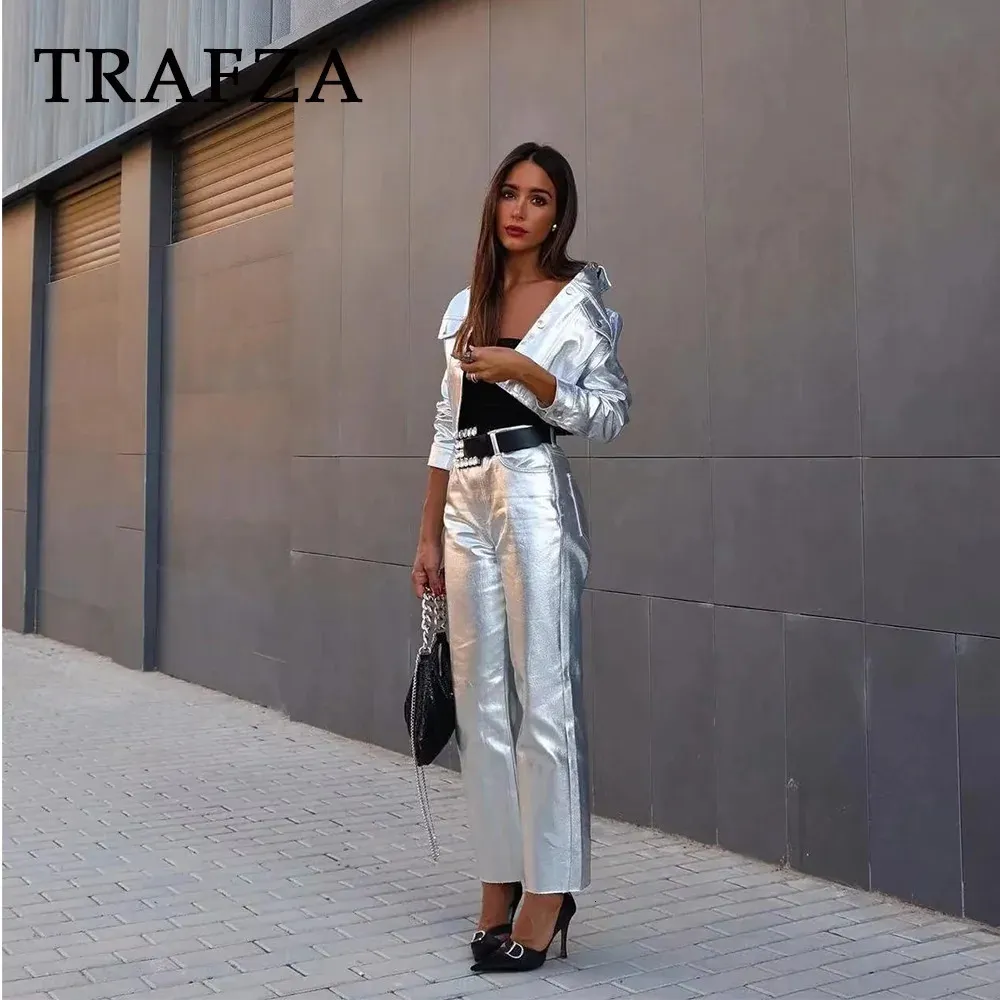 Calças femininas de duas peças trafza 2023 mulheres outono inverno metal vento sólido pu terno casual prata turn down colarinho jaqueta moda cintura alta calça reta 231201