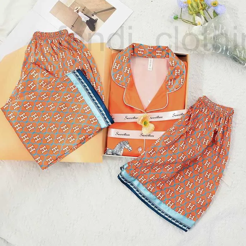 مصممة ملابس النوم النسائية Pajama Summer H Ma Orange Ice Silk Spring and Autumn High Beauty Thin Instagram Three Piece Home Furnishing Set 0G70