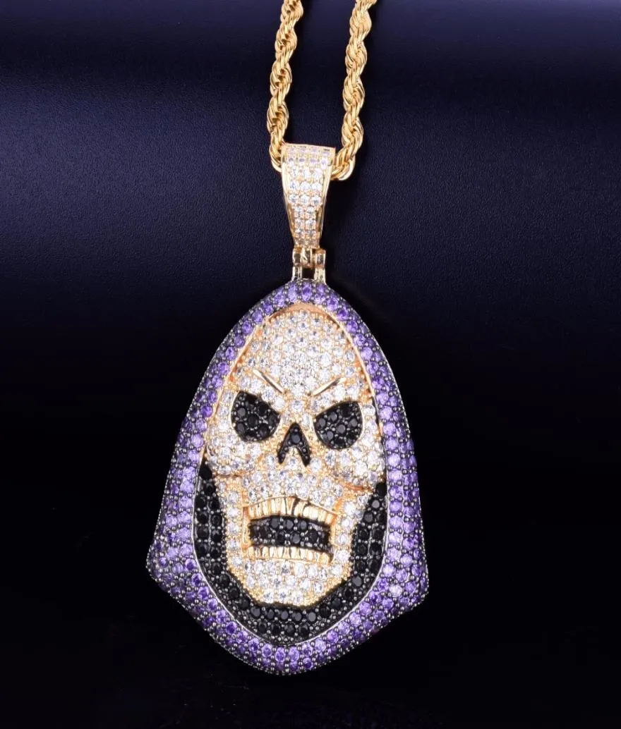 Hoody Skull Purple Stone Pendant Halsband Personlighetskedja Guld Silver Iced Out Cubic Zirconia Hip Hop Rock Jewelry8872347