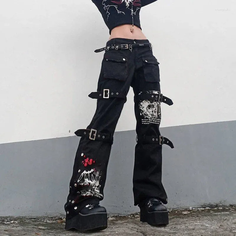 Kvinnors byxor gotiska punk svart spänne harajuku hög midja stora fickbyxor goth mall grunge last tekniker kvinnor