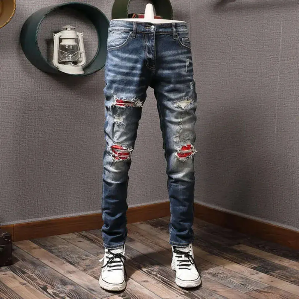 Designer lila staplade jeans jeans för män mens svart smala fit jeans klassisk tryckt broderiold motorcykel hål lyx denim byxor mig