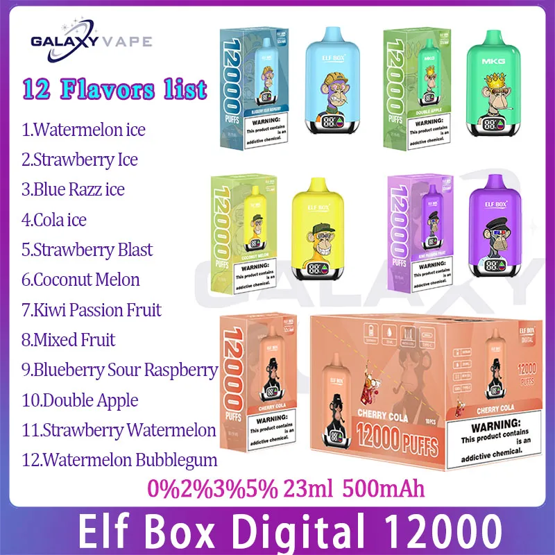 Оригинальный ELf Box Digital 12000 Puff Одноразовый вейп 12 вкусов Перезаряжаемая батарея 500 мАч 23 мл Pod Mesh Coil Электронные сигареты Puffs 12 комплектов