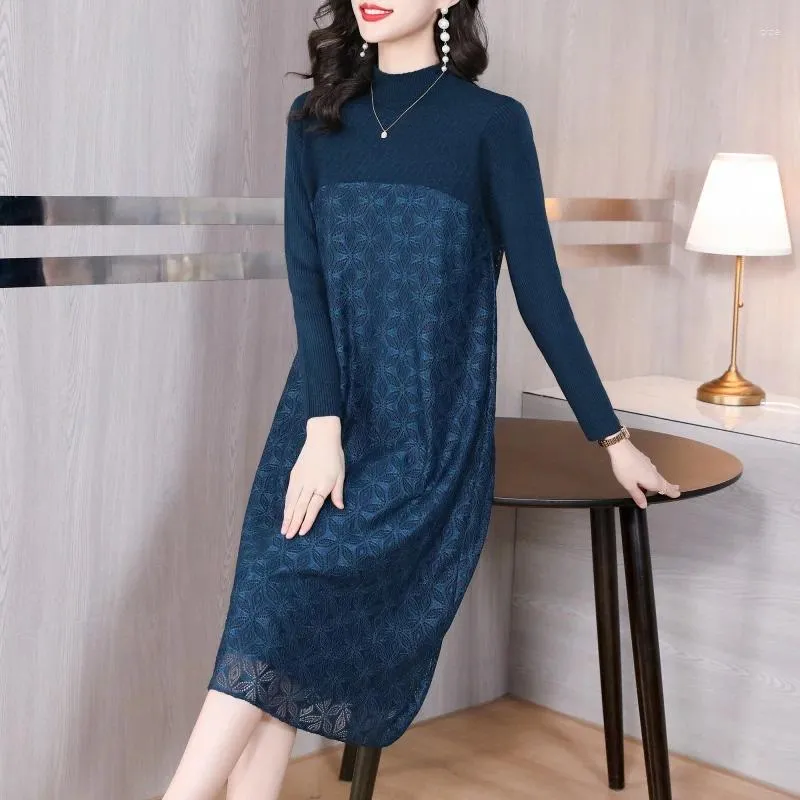 Casual Dresses 2023 Fashion Slim Women's Autumn And Winter Loose Thickened Over The Knee Lace Skirt Cashmere Bottom Sweater Dress
