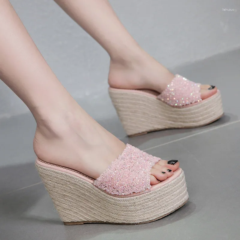 Slippers Women/girl's Pink Crystal Platform Straw Muffins Slides Shoes Woman Open Toe Glitter Sandalias High Heels Flip Flops