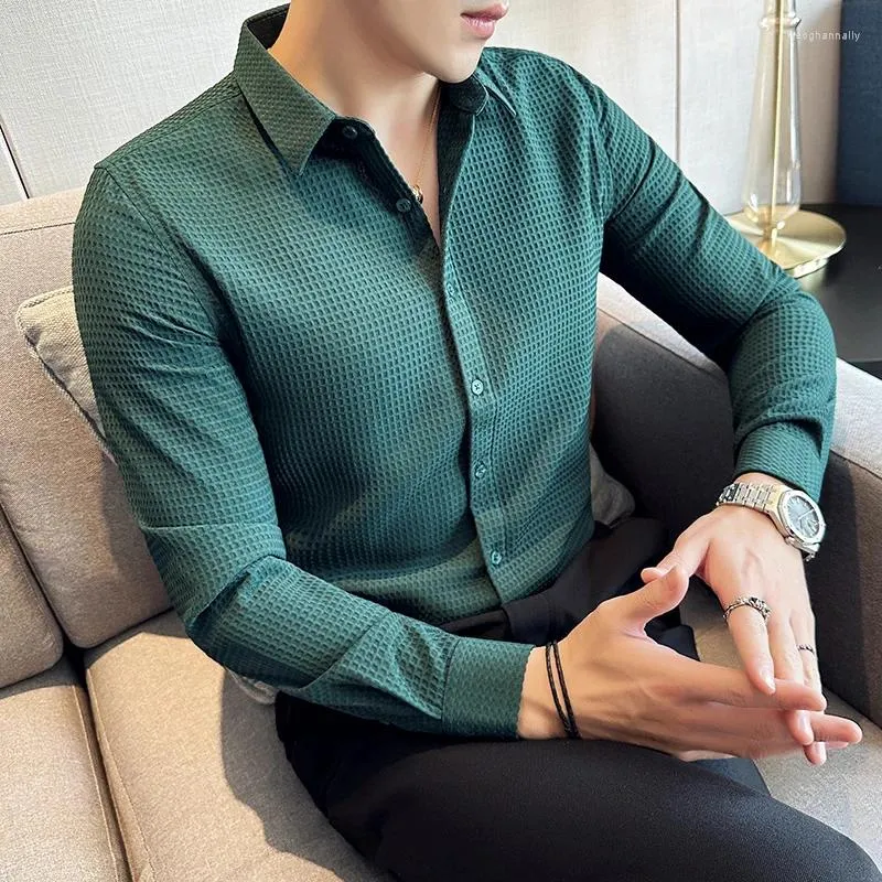 Men's Casual Shirts Brand Clothing Spring For Men Waffle Long-sleeved Shirt/Man Slim Fit Fashion Lapel Business Dress Shirts/Man 4XL-M